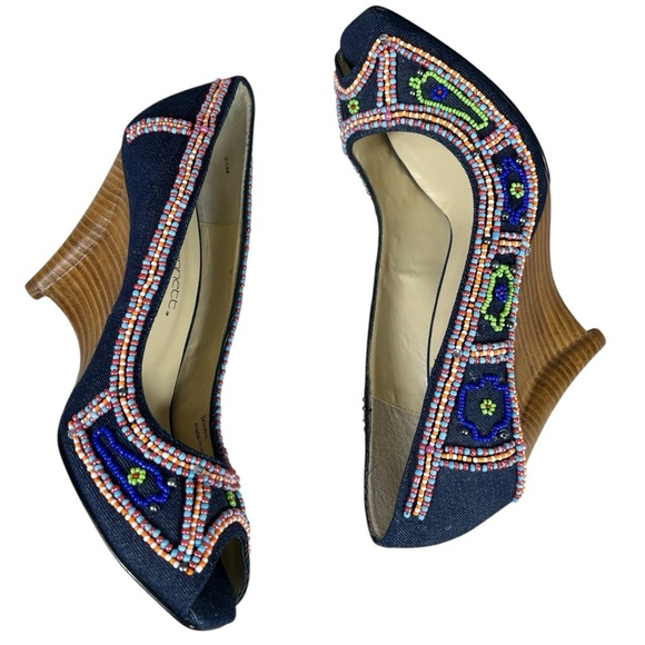 Jessica Bennett Jkirabu Beaded Denim Peep Toe Wedge Heels Beaded Wooden Platform - Picture 5 of 13